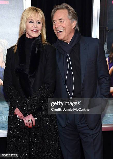 Actors Melanie Griffith and Don Johnson attend the New York premiere of "How To Be Single" at the NYU Skirball Center on February 3, 2016 in New York...