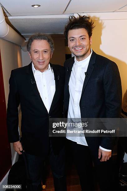 Presenter of the show Michel drucker and the Youngest Main Guest of the Show, Actor and Humorist Kev Adams attend the 'Vivement Dimanche' French TV...