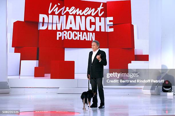 Presenter of the Show Michel Drucker and his Dog Isia attend the 'Vivement Dimanche' French TV Show at Pavillon Gabriel on February 3, 2016 in Paris,...