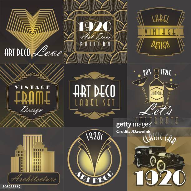 art deco style big set of labels or badges - art deco border stock illustrations