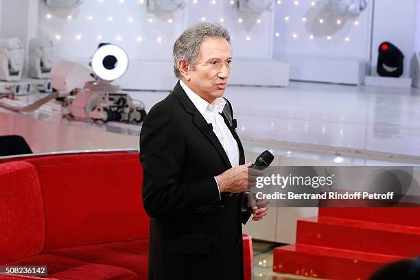 Presenter of the Show Michel Drucker attends the 'Vivement Dimanche' French TV Show at Pavillon Gabriel on February 3, 2016 in Paris, France.