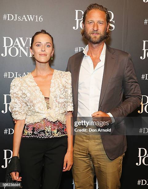 Kate Fowler and Justin Hemmes arrive ahead of the David Jones Autumn/Winter 2016 Fashion Launch at David Jones Elizabeth Street Store on February 3,...