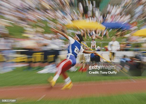 An impression image of movement and speed from the throwing of a javelin at the IAAF World Cup in Athletics on 6th October 1985 at the Bruce Stadium...
