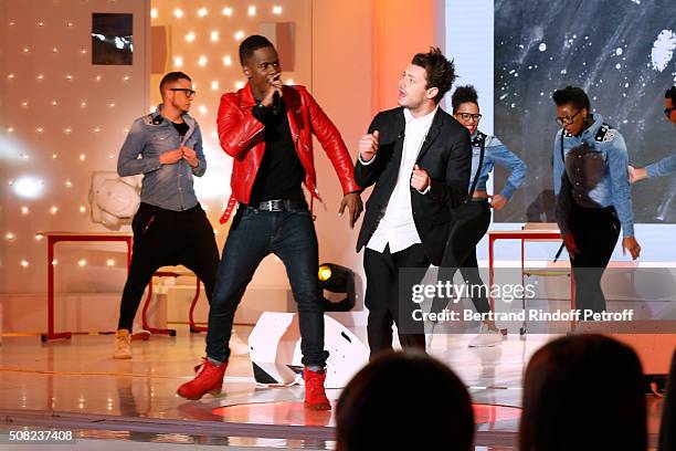 Singer Black M, alias Alpha Diallo, and Youngest Main Guest of the Show, Actor and Humorist Kev Adams perform during the 'Vivement Dimanche' French...