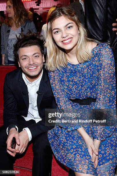 Youngest Main Guest of the Show, Actor and Humorist Kev Adams and Singer Louane Emera attend the 'Vivement Dimanche' French TV Show at Pavillon...