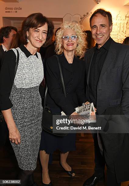 Haydn Gwynne, guest and Anthony Horowitz attend the press night after party for "The Master Builder" at The Old Vic Theatre on February 3, 2016 in...