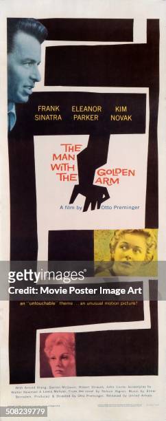 Poster designed by Saul Bass for Otto Preminger's 1955 drama 'The Man with the Golden Arm' starring Frank Sinatra, Kim Novak, and Eleanor Parker.