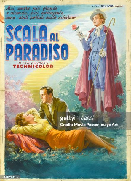 An Italian poster for Michael Powell and Emeric Pressburger's 1946 drama 'A Matter of Life and Death', aka 'Scala al Paradiso', starring David Niven,...