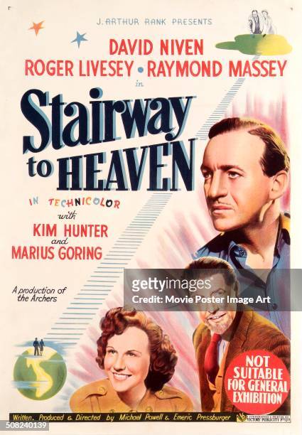Poster for Michael Powell and Emeric Pressburger's 1946 drama 'Stairway to Heaven' starring David Niven, Kim Hunter, and Roger Livesey.