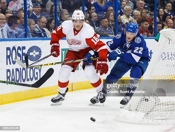 Erik Condra of the Tampa Bay Lightning skates for puck against Joakim Andersson of the Detroit Red Wings during the first period at the Amalie Arena...