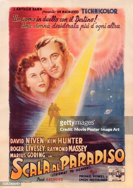 An Italian poster for Michael Powell and Emeric Pressburger's 1946 drama 'A Matter of Life and Death', aka 'Scala al Paradiso', starring David Niven...