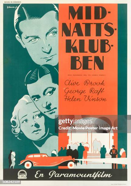 Swedish poster for Alexander Hall's 1933 crime film 'Midnight Club', aka 'Midnatts Klubben', starring Clive Brook, George Raft, and Helen Vinson.