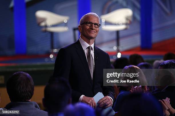 Anchor Anderson Cooper looks on during a CNN and the New Hampshire Democratic Party hosted Democratic Presidential Town Hall at the Derry Opera House...