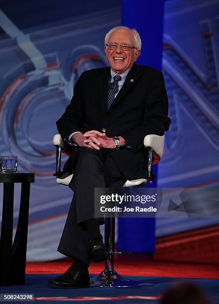 Democratic Presidential candidates Sen. Bernie Sanders laughs during a CNN and the New Hampshire Democratic Party hosted Democratic Presidential Town...