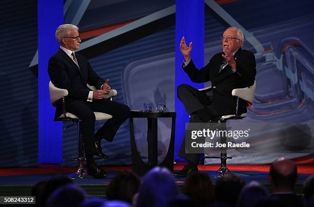 Democratic Presidential candidates Sen. Bernie Sanders talks with CNN anchor Anderson Cooper during a CNN and the New Hampshire Democratic Party...