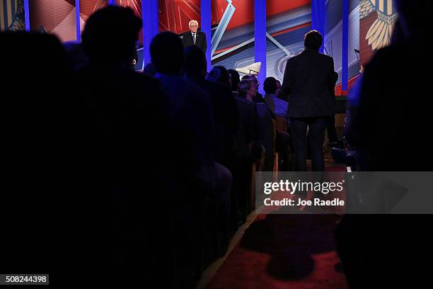 Member of the audience asks democratic Presidential candidates Sen. Bernie Sanders a question during a CNN and the New Hampshire Democratic Party...