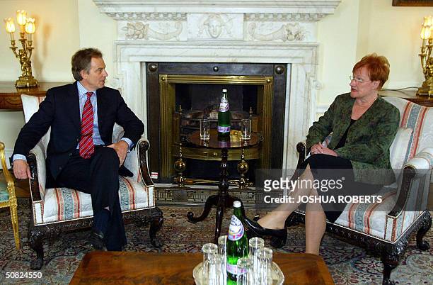 British Prime Minister Tony Blair meets Finnish President Tarja Halonen during her visit to No. 10 Downing Street 11 May, 2004. AFP PHOTO/JOSHUA...