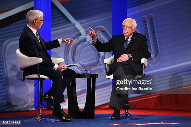 Democratic Presidential candidates Sen. Bernie Sanders talks with CNN anchor Anderson Cooper during a CNN and the New Hampshire Democratic Party...