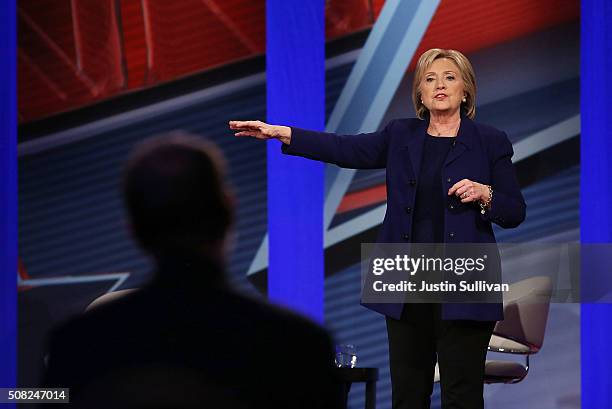 Democratic Presidential candidates Hillary Clinton addresses a person that asked her a question during a CNN and the New Hampshire Democratic Party...