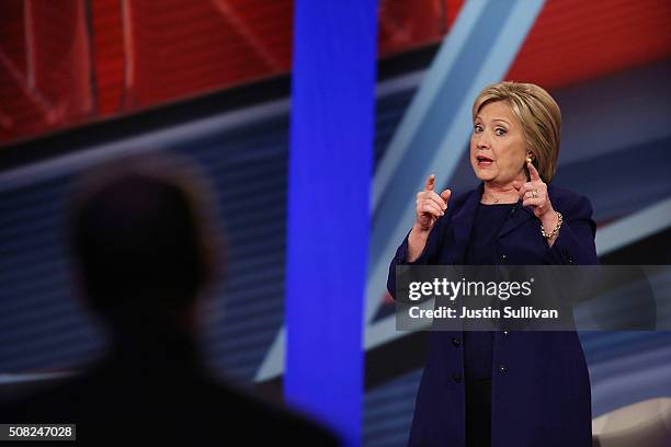 Democratic Presidential candidates Hillary Clinton addresses a person that asked her a question during a CNN and the New Hampshire Democratic Party...