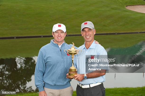 John Wood, Hunter Mahan's caddie, with USA Ryder Cup Captain Corey Pavin during the 38th Ryder Cup at the Twenty Ten Course at Celtic Manor in...