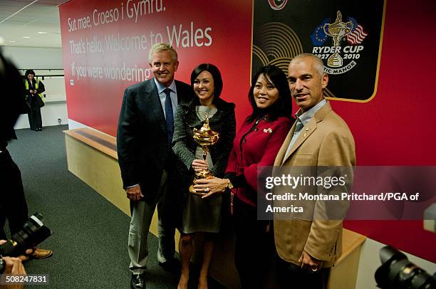 From L to R: Colin Montgomerie, Gaynor Montgomerie, Lisa Pavin, and Corey Pavin after a press conference at the 38th Ryder Cup at the Cardiff Airport...