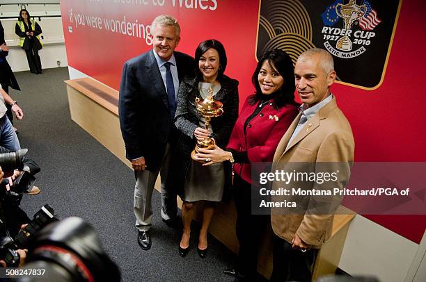 From L to R: Colin Montgomerie, Gaynor Montgomerie, Lisa Pavin, and Corey Pavin after a press conference at the 38th Ryder Cup at the Cardiff Airport...