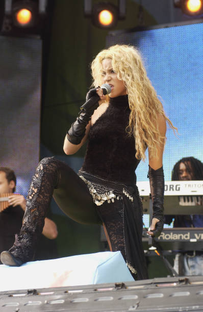 Brazilian pop star Shakira performs on stage at the Prince's Trust "Party in the Park 2002" in Hyde Park on July 7, 2002 in London.