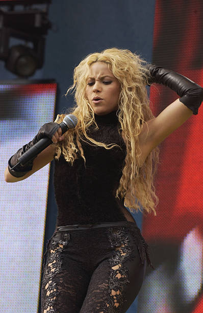Brazilian pop star Shakira performs on stage at the Prince's Trust "Party in the Park 2002" in Hyde Park on July 7, 2002 in London.