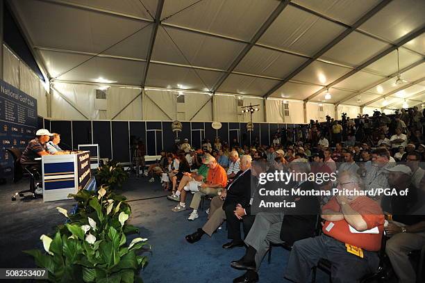 Tiger Woods and Kelly Elbin at a press conference in the media center at the 91st PGA Championship at Hazeltine National Golf Club in Chaska,...