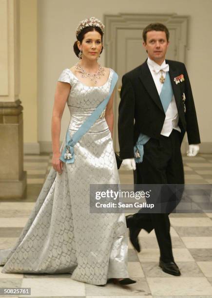 Miss Mary Elizabeth Donaldson and Crown Prince Frederik of Denmark attend a celebratory dinner at Christiansborg Palace on May 11, 2004 in honor of...