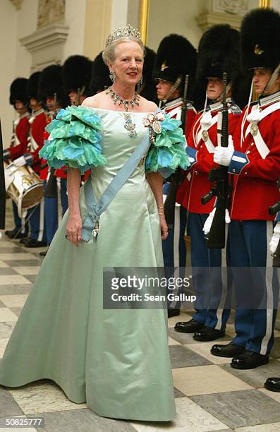 Queen Margrethe II of Denmark attends a celebratory dinner at Christiansborg Palace on May 11, 2004 in honor of the upcoming wedding of Crown Prince...