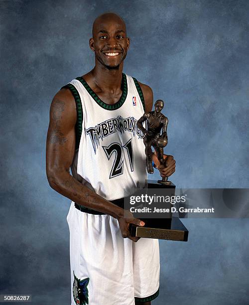 Kevin Garnett of the Minnesota Timberwolves poses for an MVP portrait at Target Center on May 3, 2004 in Minneapolis, Minnesota. NOTE TO USER: User...