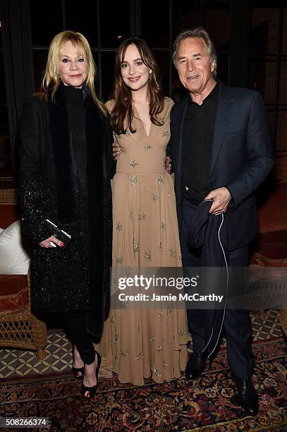 Melanie Griffith, Dakota Johnson, and Don Johnson attend the after party for the New York premiere of "How To Be Single" at the Bowery Hotel on...