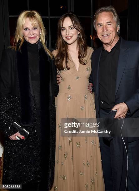 Melanie Griffith, Dakota Johnson, and Don Johnson attend the after party for the New York premiere of "How To Be Single" at the Bowery Hotel on...
