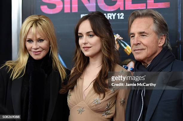 Actors Melanie Griffith, Dakota Johnson, and Don Johnson attend the New York premiere of "How To Be Single" at the NYU Skirball Center on February 3,...