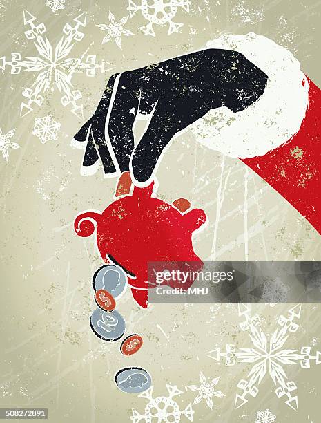 piggy bank being held upside down by a santa - christmas savings stock illustrations