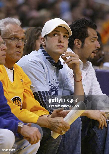 Actor Ashton Kutcher attends Game 4 of the Western Conference semi-finals between the San Antonio Spurs and the Los Angeles Lakers on May 11, 2004 at...