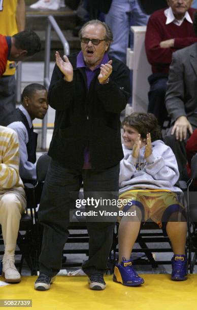 Actor Jack Nicholson and son Raymond attend Game 4 of the Western Conference semi-finals between the San Antonio Spurs and the Los Angeles Lakers on...