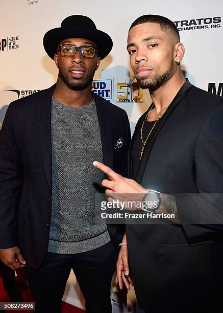 Football players Stepfan Taylor and Asa Jackson attend Glazer Palooza and Suits and Sneakers on February 3, 2016 in San Francisco, California.