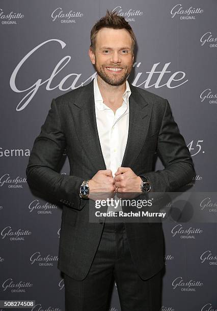 Actor Joel McHale attends the Glashutte Original celebrates the launch of manufactory book "Impressions" at Milk Studios on February 3, 2016 in Los...