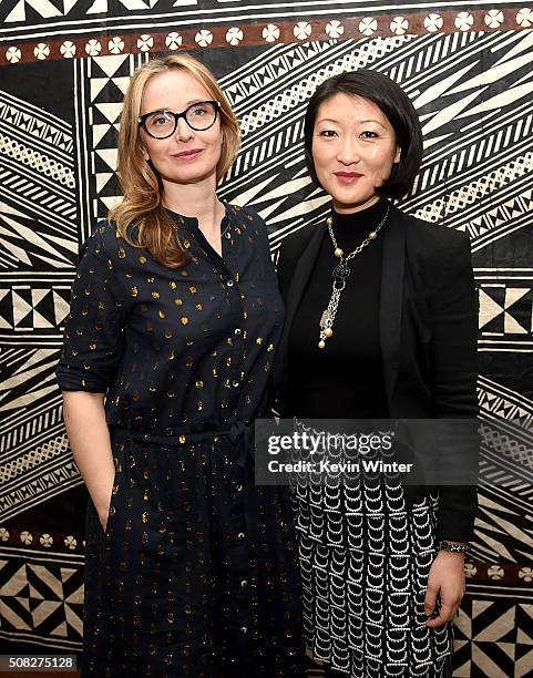 Actress Julie Delpy and Mme Fleur Pellerin, French Minister of Culture and Communications pose at La Residence de France on February 3, 2016 in...