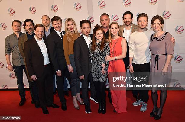 The cast with Genija Rykova, Adrian Topol, Josefine Preuss, Alicia von Rittberg and Bernhard Schir during the 'Die Hebamme II' Munich Premiere at...