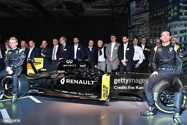 1ert rank on the car Renault F1 pilots Kevin Magnussen, Jolyon Palmer and officials attend the Renault Sport Formula One: Cocktail At Atelier Renault...