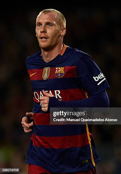 Jeremy Mathieu of Barcelona looks on during the Copa del Rey Semi Final, first leg match between FC Barcelona and Valencia CF at Nou Camp on February...