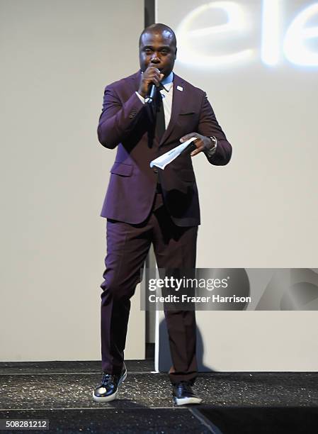 Emcee Marshall Faulk speaks onstage during Glazer Palooza and Suits and Sneakers on February 3, 2016 in San Francisco, California.