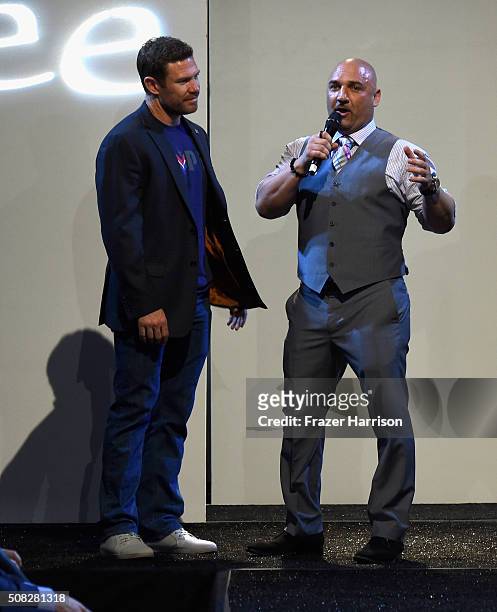 Football player and former USA Army Green Beret Nate Boyer and host Jay Glazer speak onstage during Glazer Palooza and Suits and Sneakers on February...