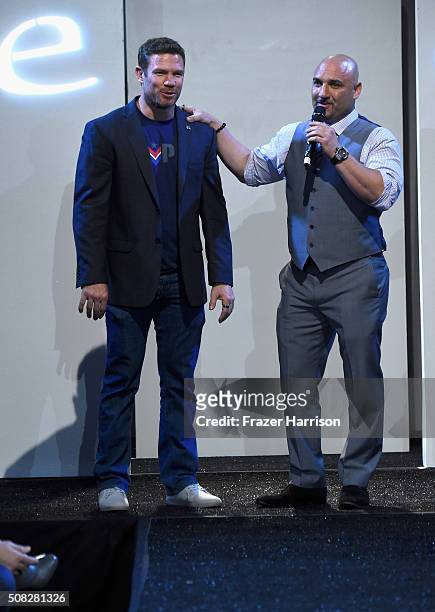 Football player and former USA Army Green Beret Nate Boyer and host Jay Glazer speak onstage during Glazer Palooza and Suits and Sneakers on February...
