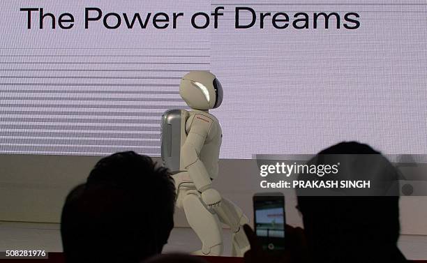 Honda's robot 'Ashimo' shows its skills at Auto Expo 2016, in Greater Noida some 45kms east of New Delhi on February 4, 2016. India's flagship auto...