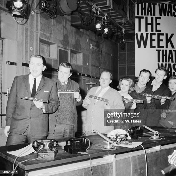 The cast of 'That Was The Week That Was' holding their name plates, 11th January 1963. Left to right: David Frost, Willie Rushton, Roy Kinnear,...